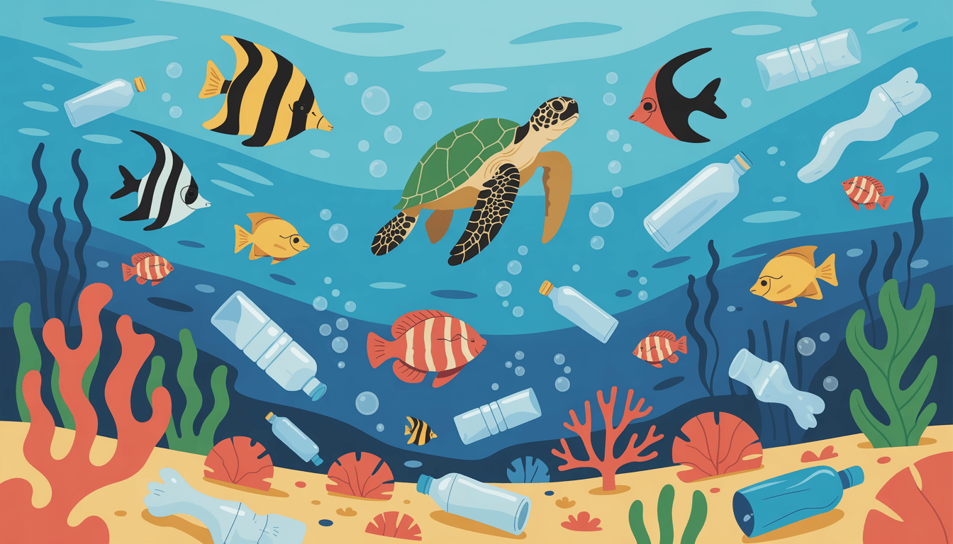 An ocean scene depicting marine animals like turtles and fish among plastic debris, highlighting the contrast between vibrant marine life and the dullness of plastic waste.