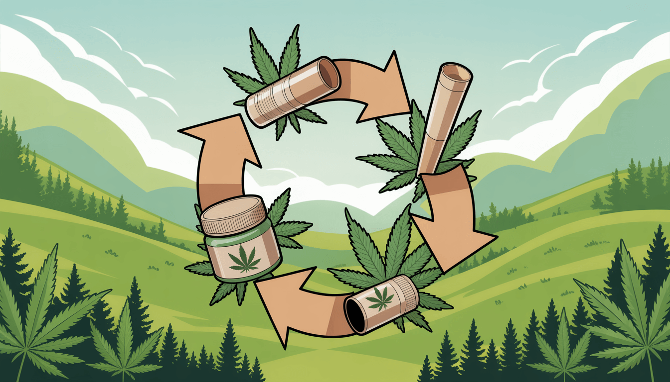 Illustration of cannabis packaging in a circular economy cycle, with arrows showing recycling and reuse, set against a green landscape.