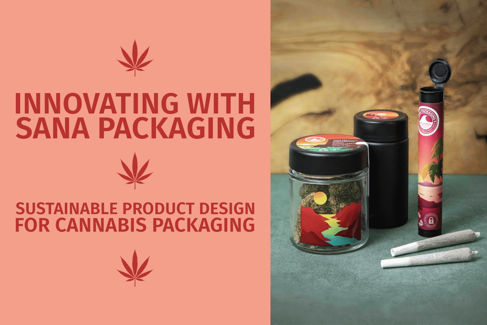 Sustainable cannabis packaging display with ocean-bound plastic pre-roll tubes and screw-top lids and high-content recycled glass jars
