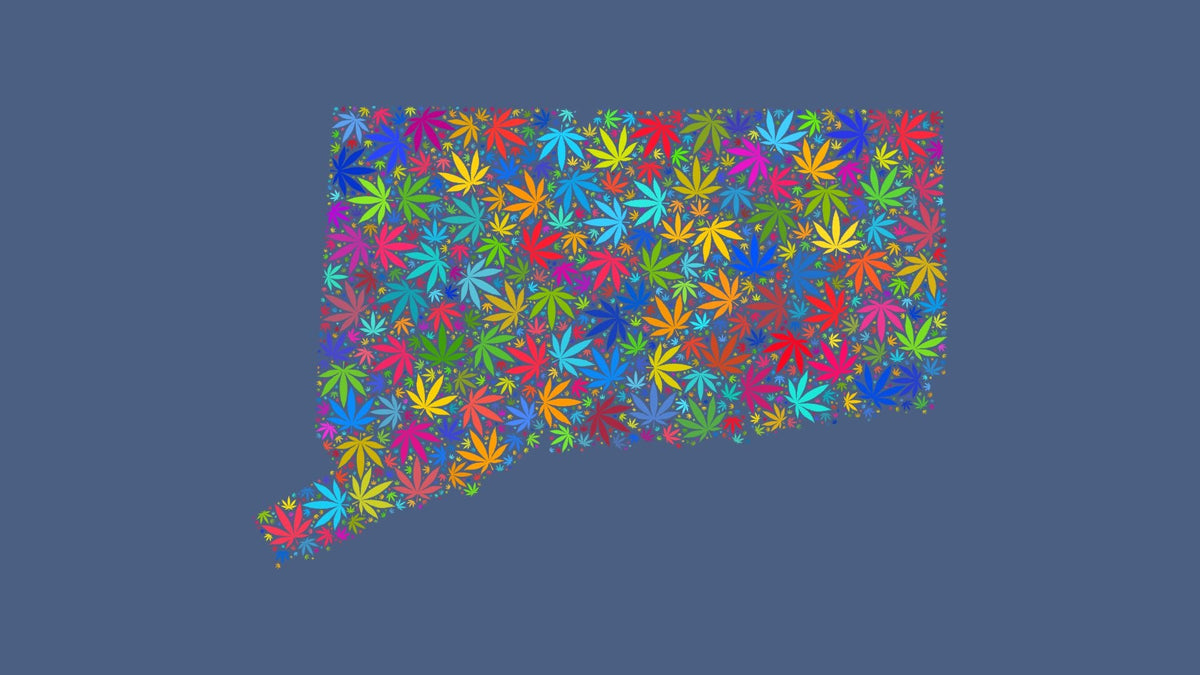 Connecticut silhouette made from multicolored cannabis leaves on a muted blue background.