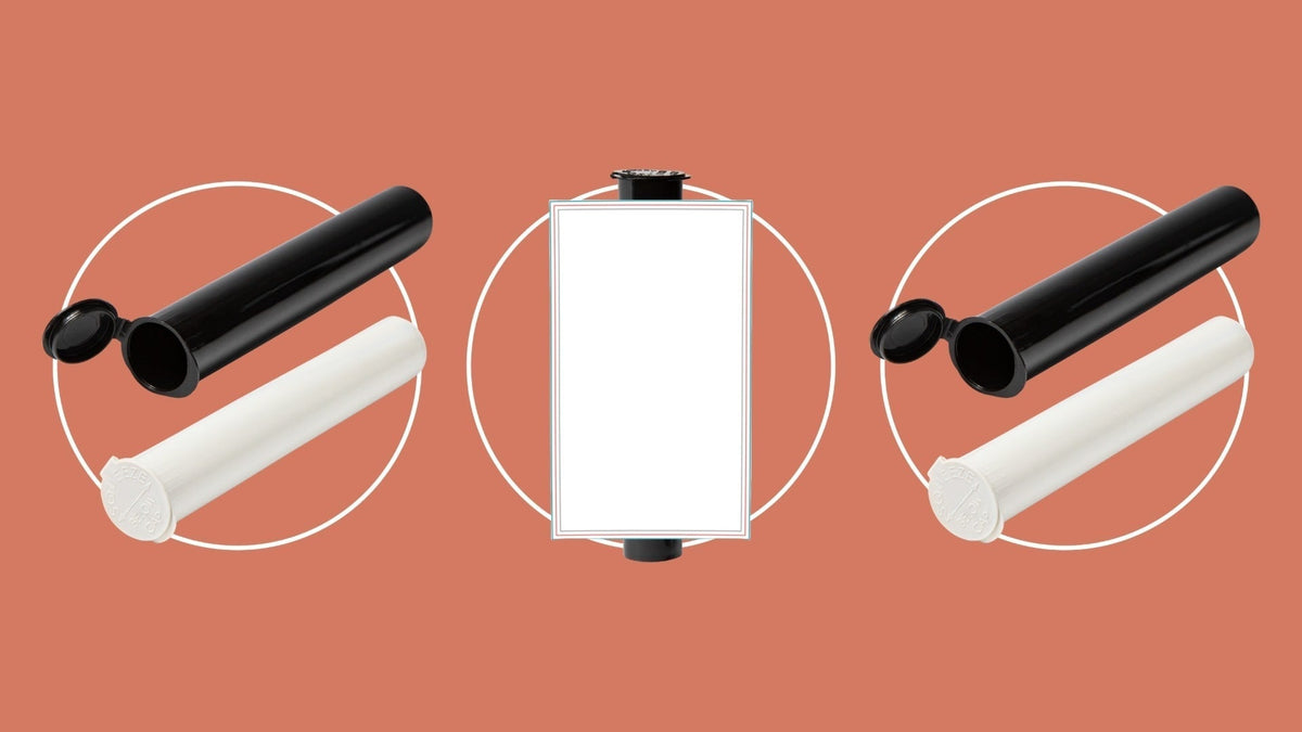 Black and white 116mm pre-roll tubes with a custom label template on a terracotta background.