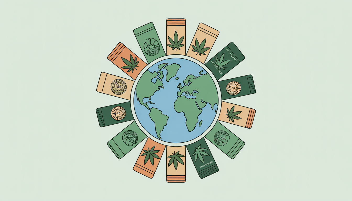Graphic of a globe with cannabis packaging made from recycled materials, promoting eco-conscious branding.