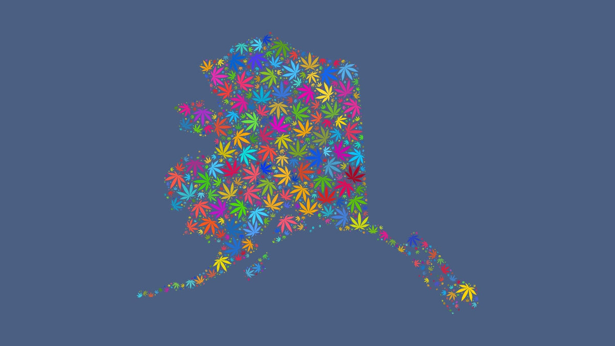 Alaska silhouette made from multicolored cannabis leaves on a muted blue background.
