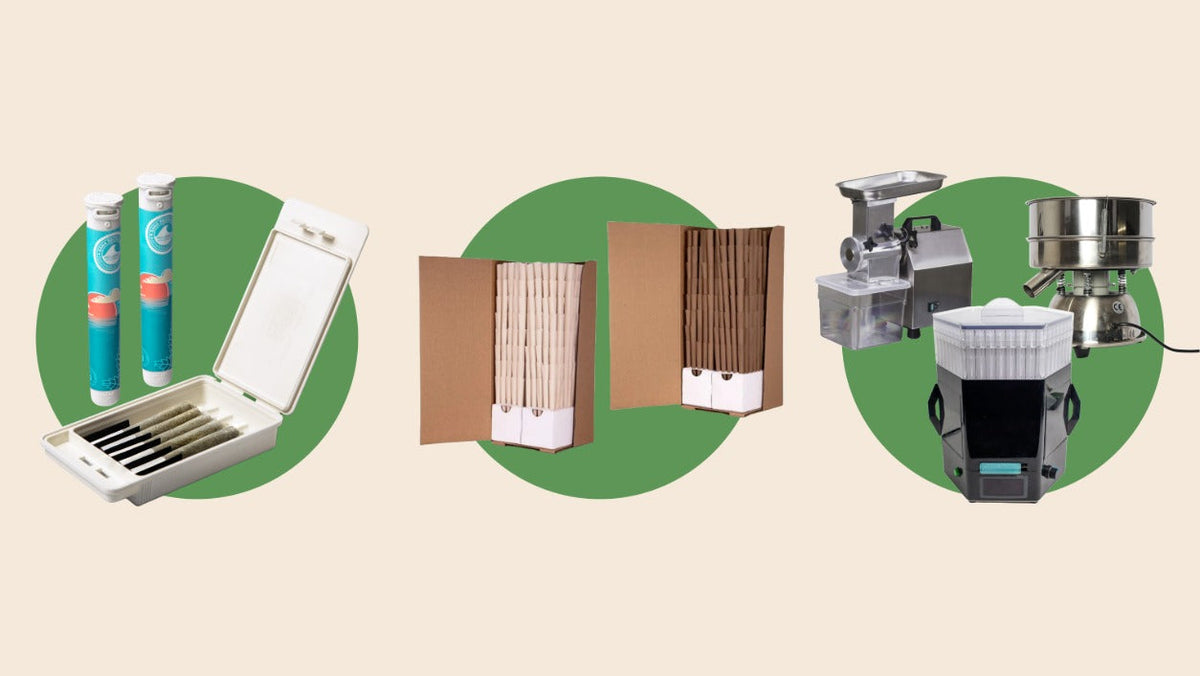 Cannabis pre-roll packaging, hemp cones, grinder, sifter, and filling machine for a complete pre-roll production setup.