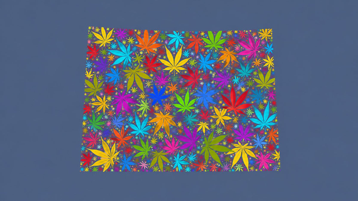 Colorado silhouette made from multicolored cannabis leaves on a muted blue background.