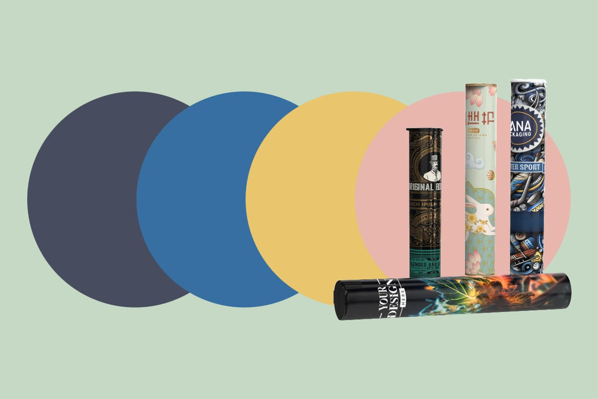 Custom cannabis pre-roll tubes featuring full-color in-mold label designs against a pastel geometric background.