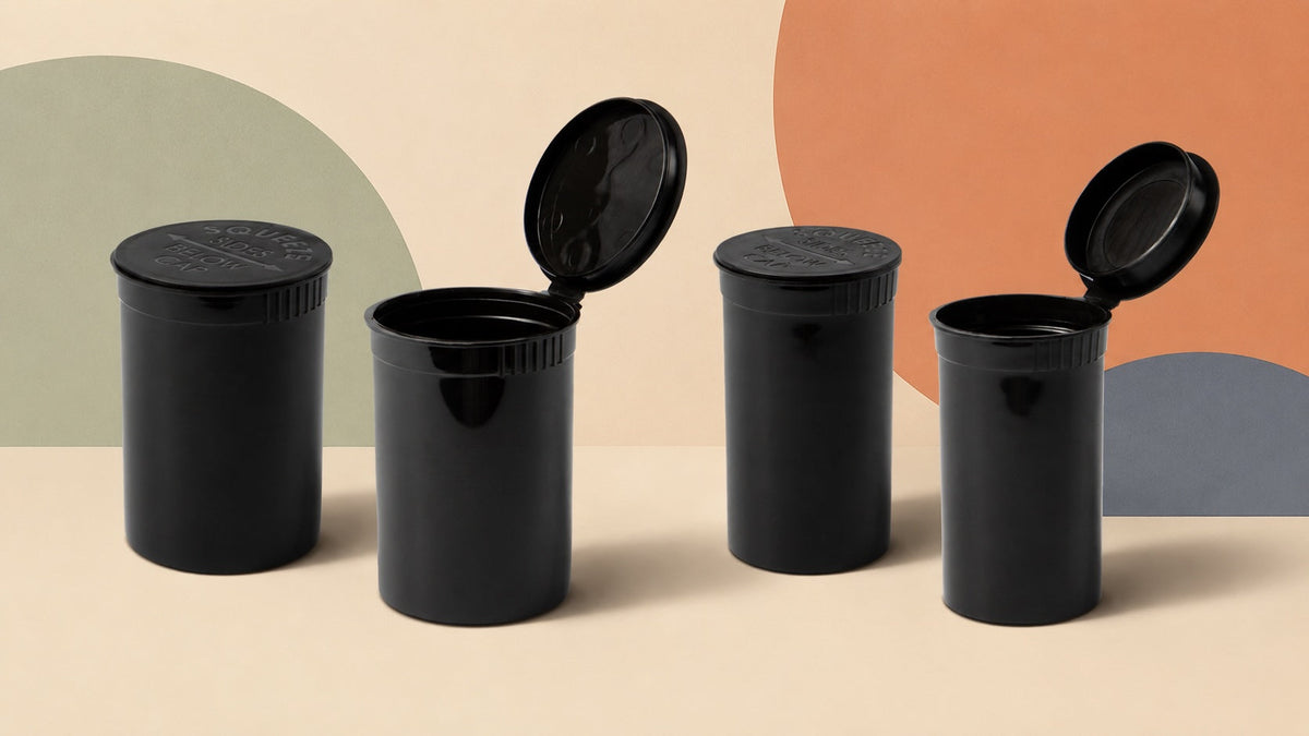 Black post-consumer recycled plastic cannabis pop-top bottles on a cream, sage, apricot, and slate abstract background.