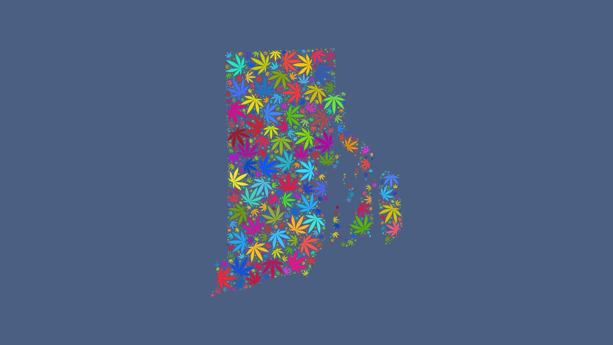 Rhode Island silhouette made from multicolored cannabis leaves on a muted blue background.