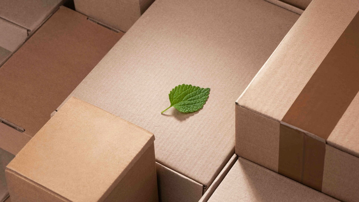 Stacked kraft cardboard boxes with a green leaf for a guide to evolving sustainability terms in cannabis packaging.