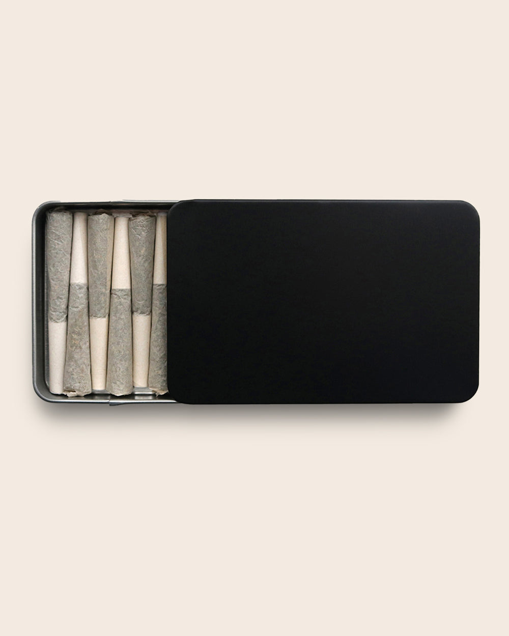 114mm Pre-Roll Multipack Slider Tin – open, black, with pre-rolls