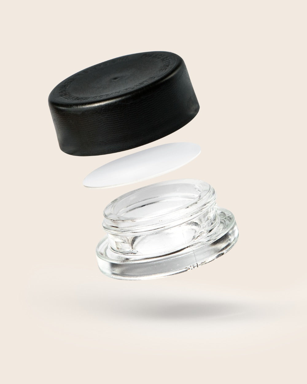 Black 38-400 Ocean Screw-Top Lid, liner, and 9ml glass jar in an exploded view