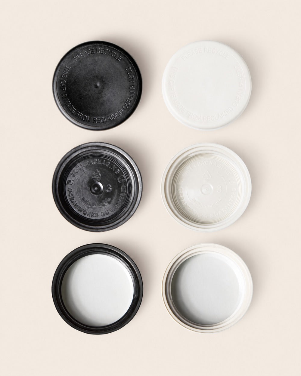 Black and white 38-400 Ocean Screw-Top Lids showing tops and undersides