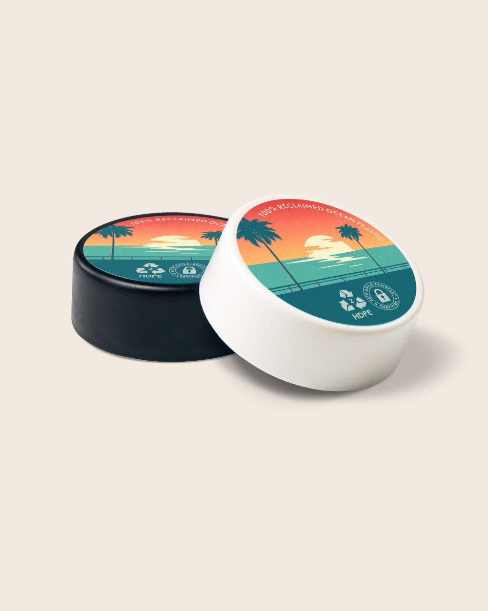 Black and white 38-400 Ocean Screw-Top Lids with custom labels