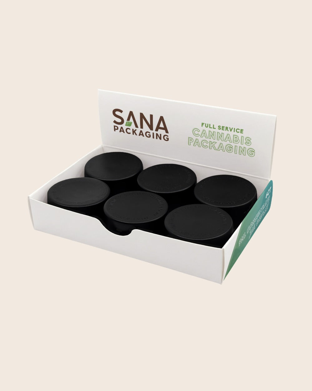 Custom 6-count wide paperboard display for 9ml concentrate jars, shown with black lids