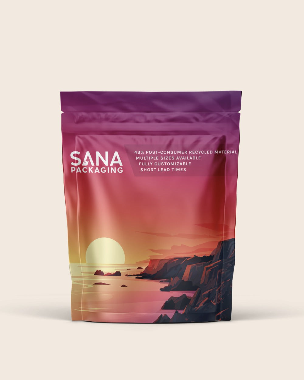 Eighth-ounce flexible PCR pouch with custom sunset artwork