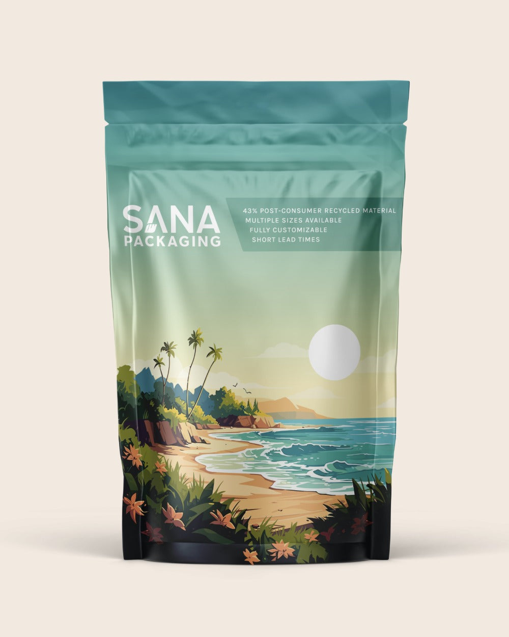 Half-ounce flexible PCR pouch with custom tropical beach artwork