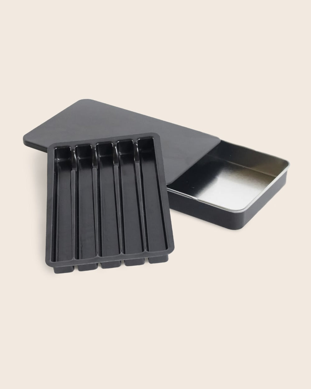 Black Pre-Roll Multipack Plastic Insert beside an open black slider tin