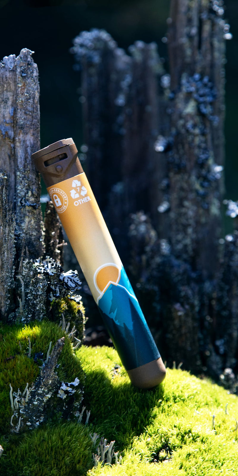 Sana Packaging hemp pre-roll tube resting on moss against weathered wood